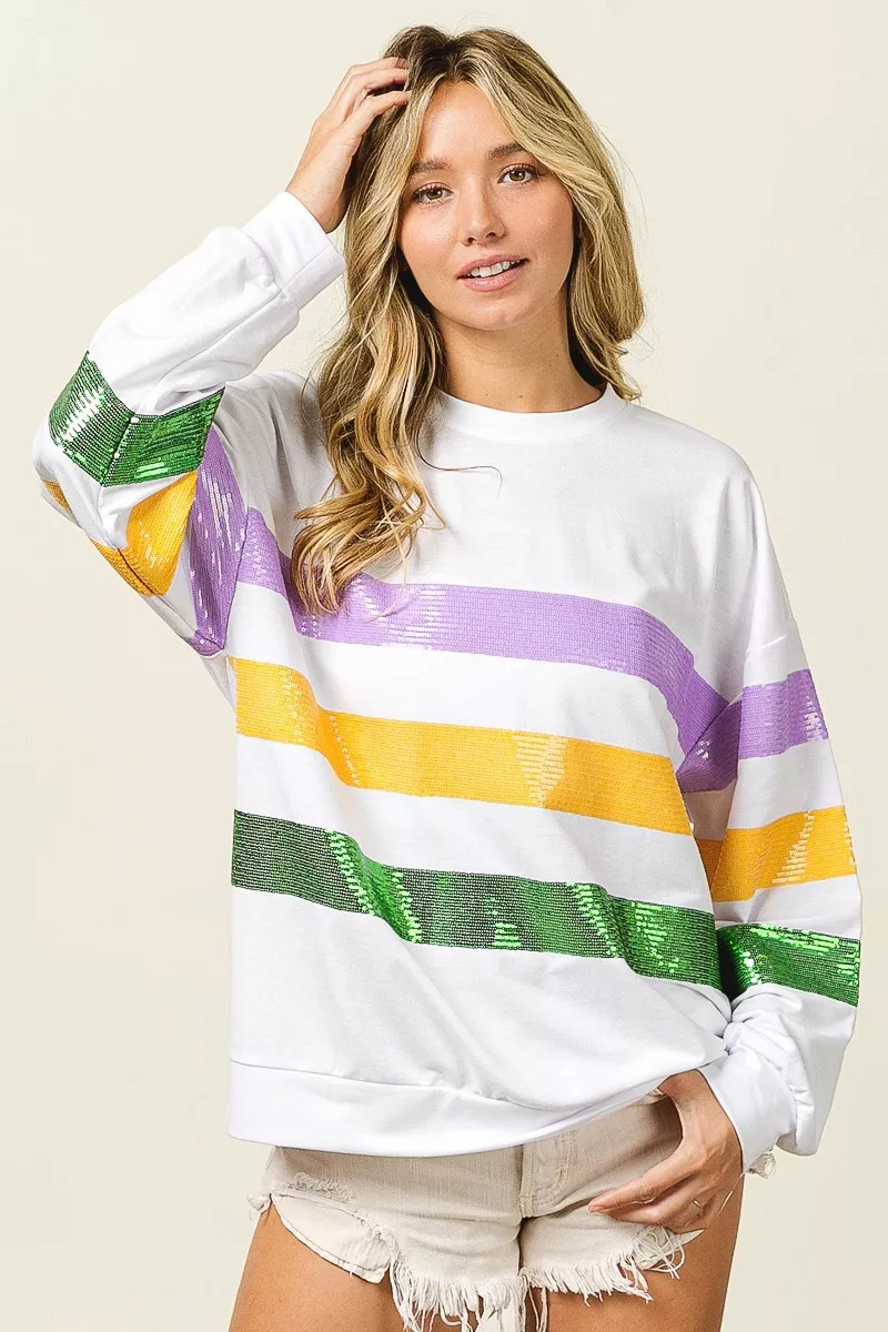 BiBi Sequin Mardi Gras Striped Round Neck Sweatshirt - Image 8