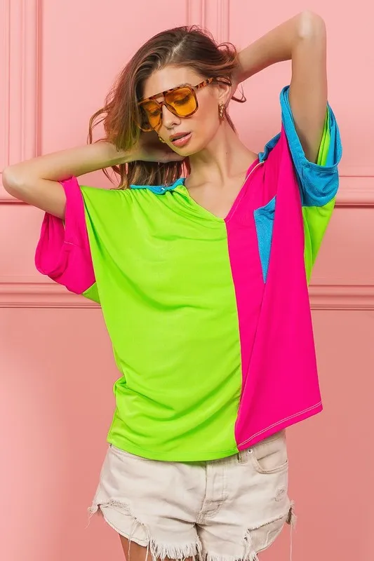 BiBi Slinky Knit Color Block V Neck Front Top - Image 2