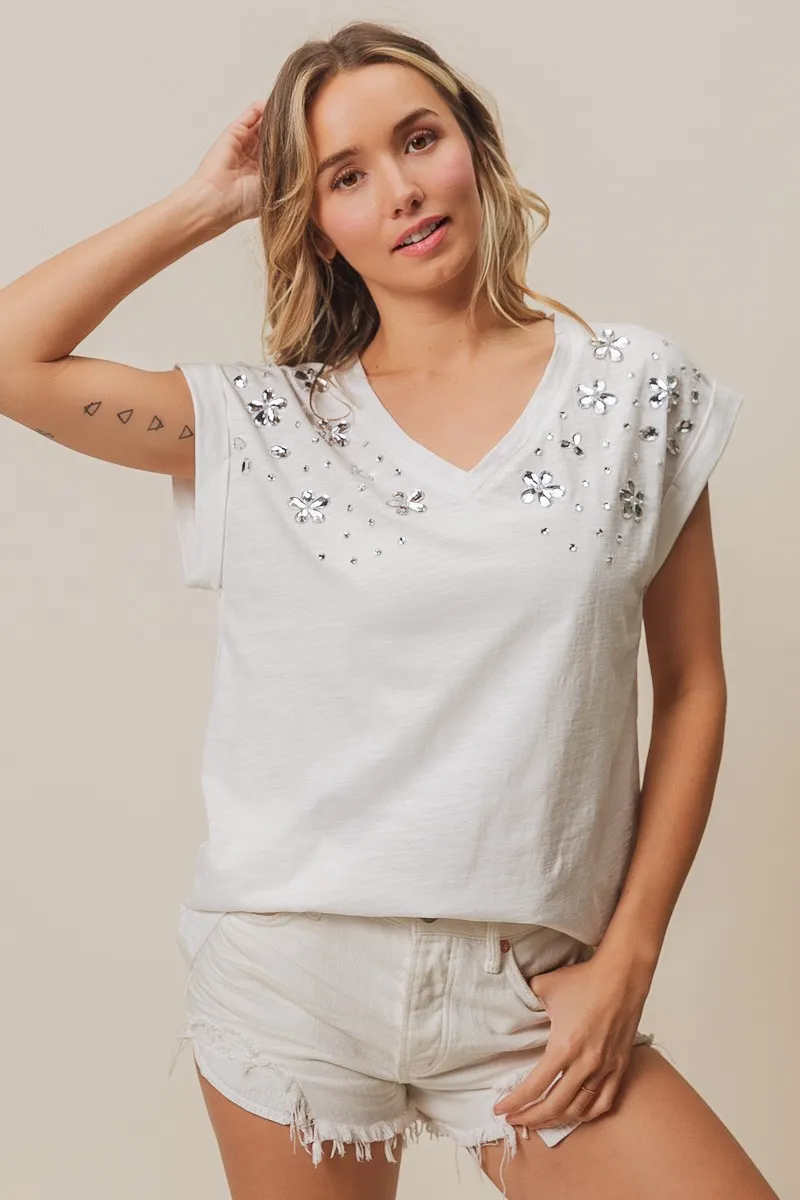 BiBi Slub Jersey Rhinestone V Neck Top - Image 5