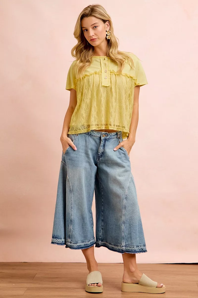 BiBi Solid Jersey With Lace Combo Ruffled Buttoned Top - Image 11