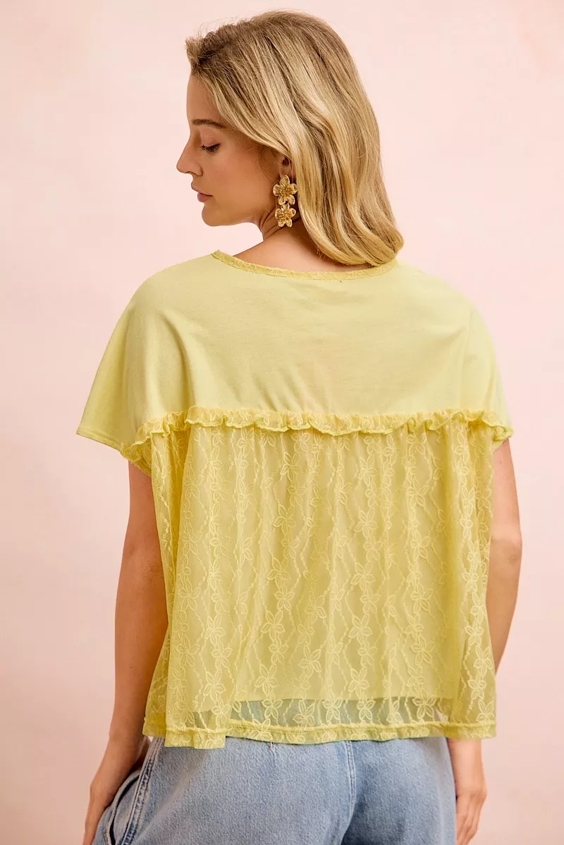 BiBi Solid Jersey With Lace Combo Ruffled Buttoned Top - Image 3