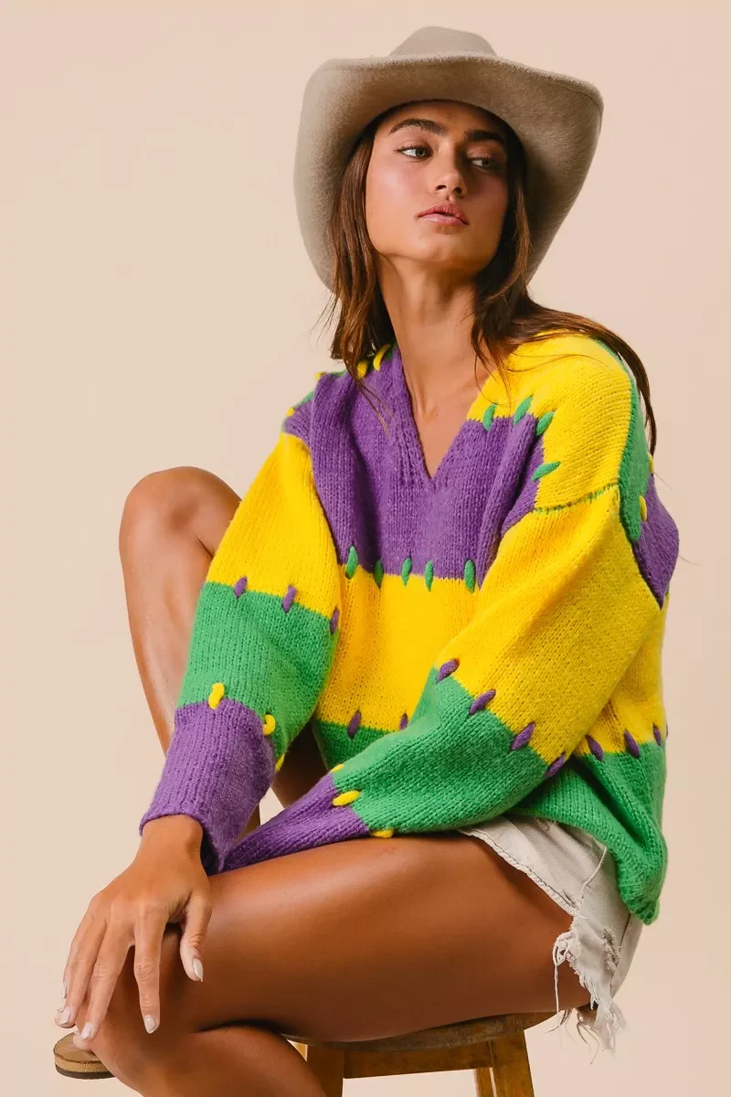 BiBi Stitch Detail Mardi Gras Stripes Sweater - Image 5