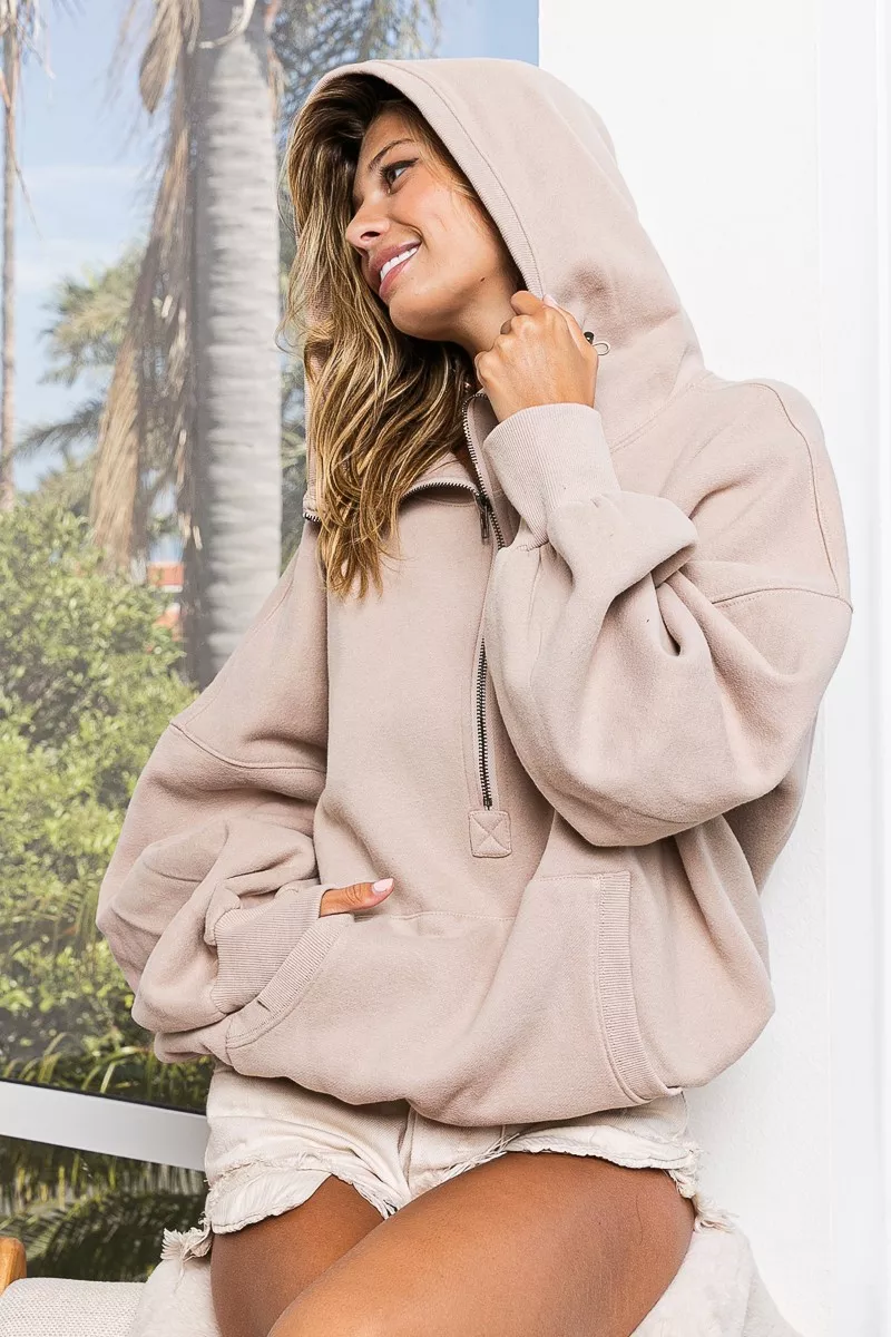 BiBi Stitch Detailed Elastic Hem Half Zip Fleece Hoodie - Image 2