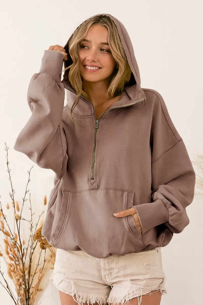 BiBi Stitch Detailed Elastic Hem Half Zip Fleece Hoodie - Image 4