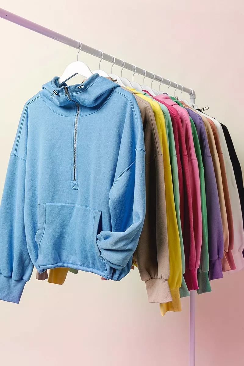 BiBi Stitch Detailed Elastic Hem Half Zip Fleece Hoodie - Image 2