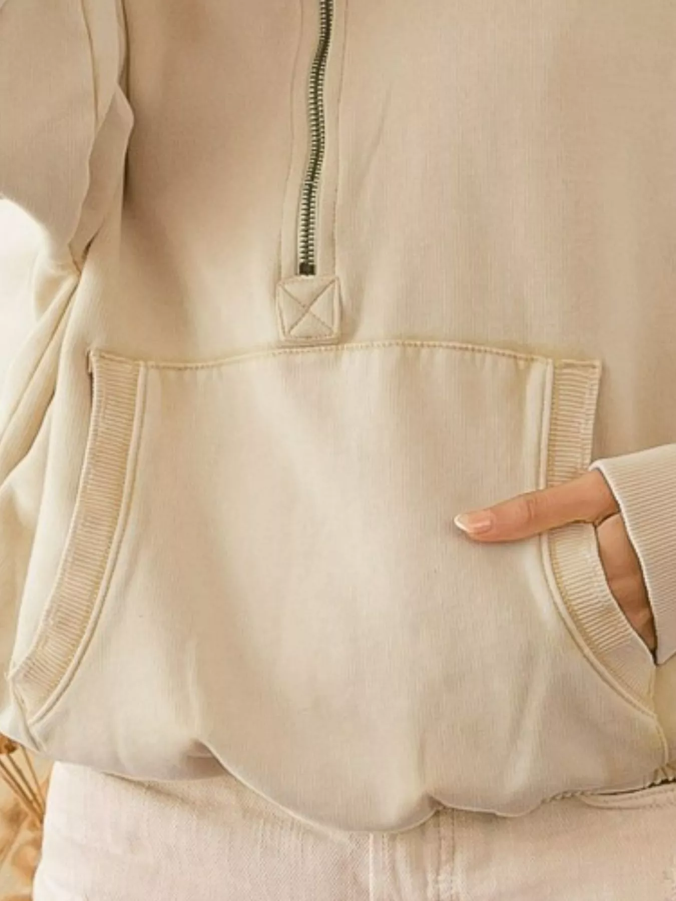 BiBi Stitch Detailed Elastic Hem Half Zip Fleece Hoodie - Image 2