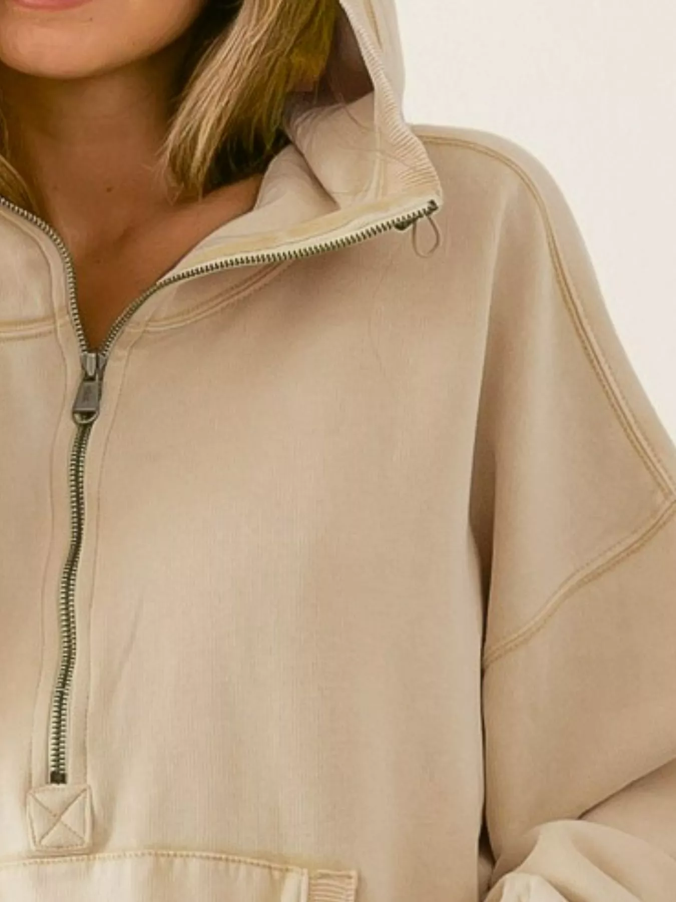 BiBi Stitch Detailed Elastic Hem Half Zip Fleece Hoodie - Image 3