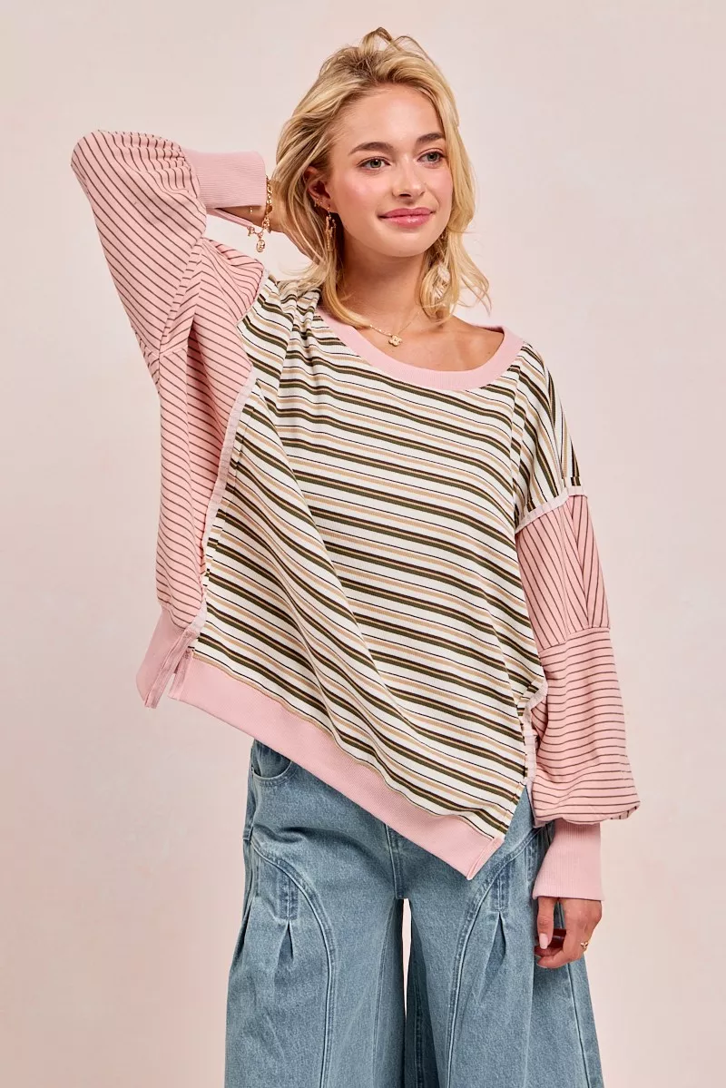 BiBi Stripe Mixed Top With Cut Edge And Reverse Outseam - Image 5