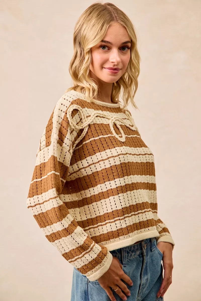 BiBi Striped Open Knit Sweater Top with Front Braided Detail - Image 7