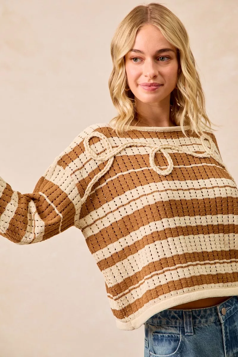 BiBi Striped Open Knit Sweater Top with Front Braided Detail - Image 9