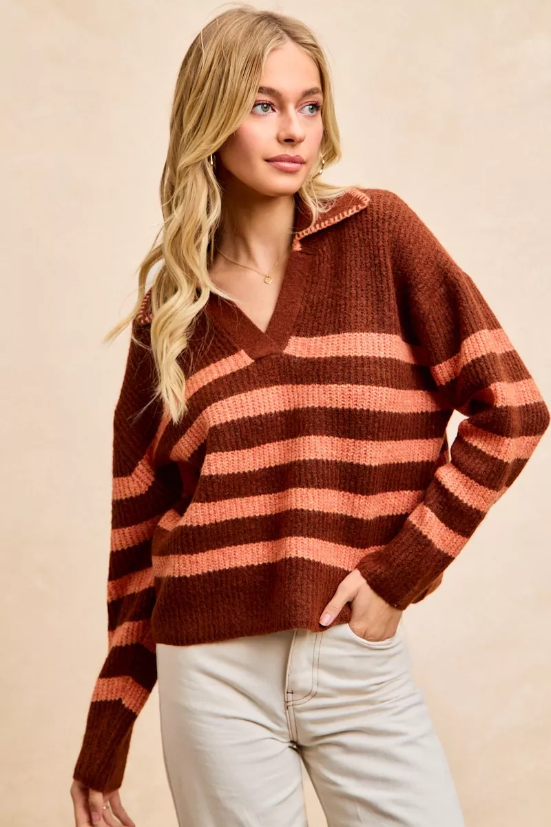 BiBi Striped Sweater Top with Collar Stitched Details - Image 2
