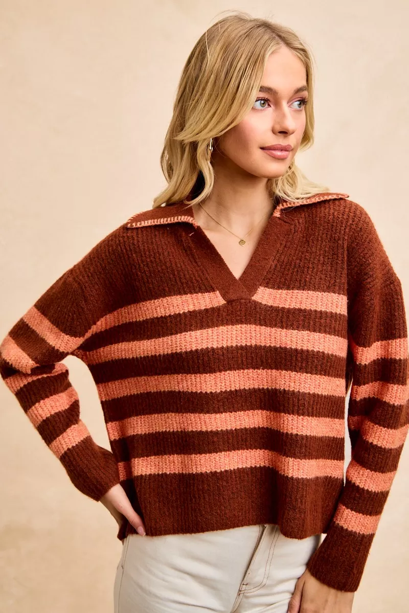 BiBi Striped Sweater Top with Collar Stitched Details - Image 3