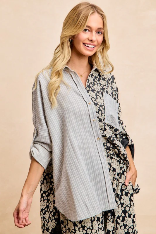 BiBi Stripes Jacquard Floral Mix And Match Shirt Top - Image 7