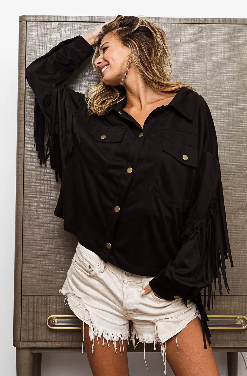 BiBi Suede Fringe Long Sleeve Jacket - Image 8