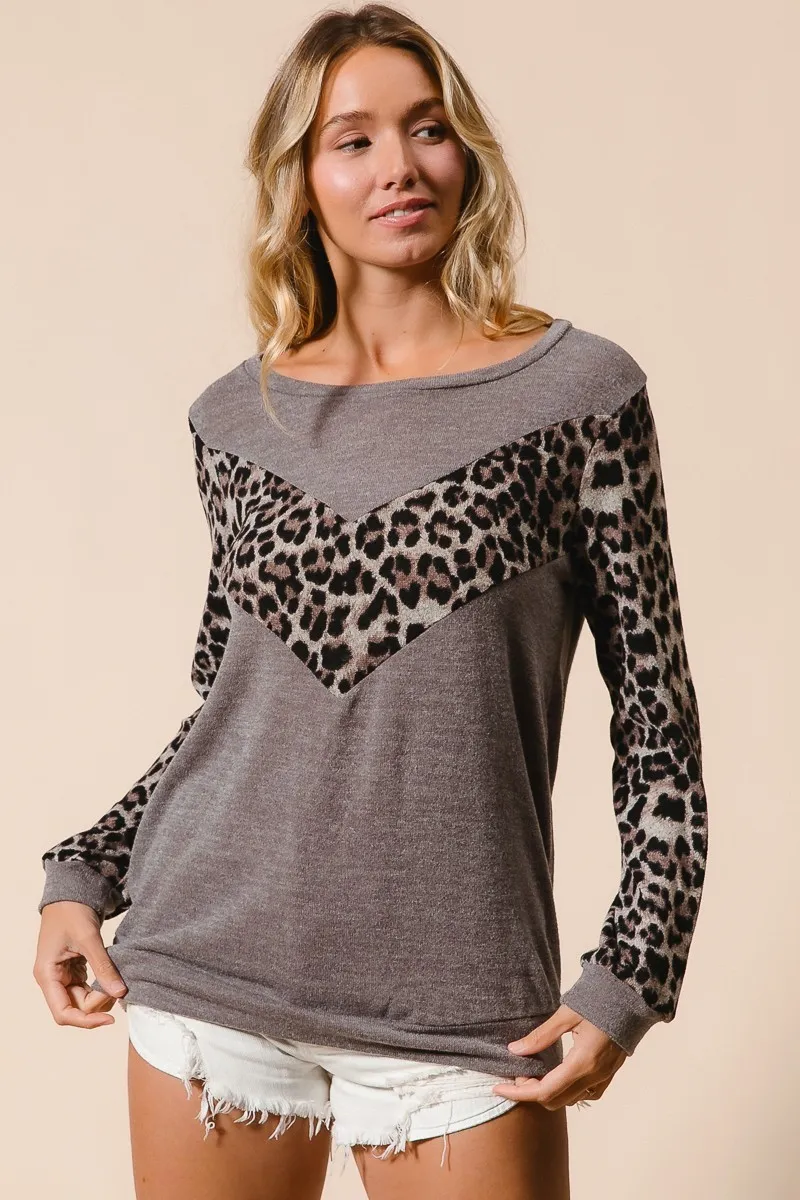 BiBi Sweater Knit Top With Leopard V Shape Block - Image 2