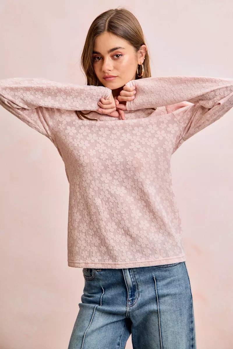 BiBi Textured Flower Knit Puff Shoulder Top - Image 3