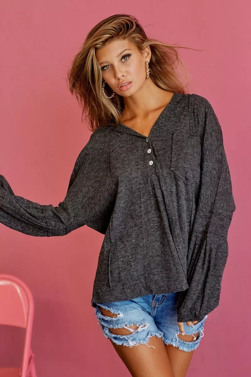 BiBi Textured Knit Hoodie with Buttoned Placket