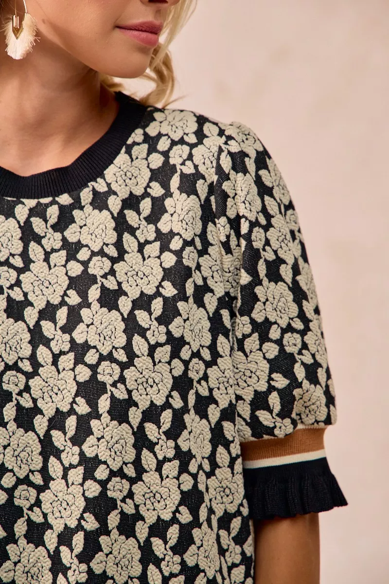 BiBi Textured Rose Knit Top Contrast Banded Puff Sleeve - Image 13