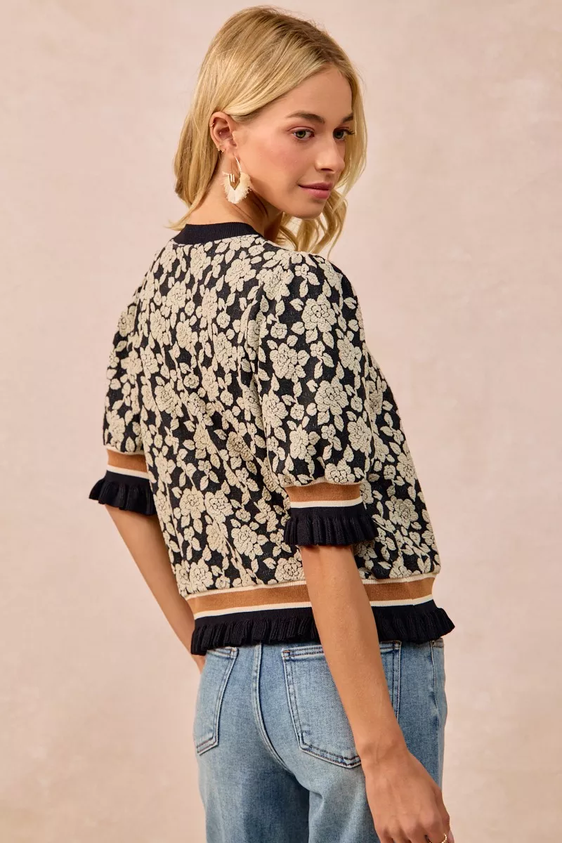 BiBi Textured Rose Knit Top Contrast Banded Puff Sleeve - Image 7