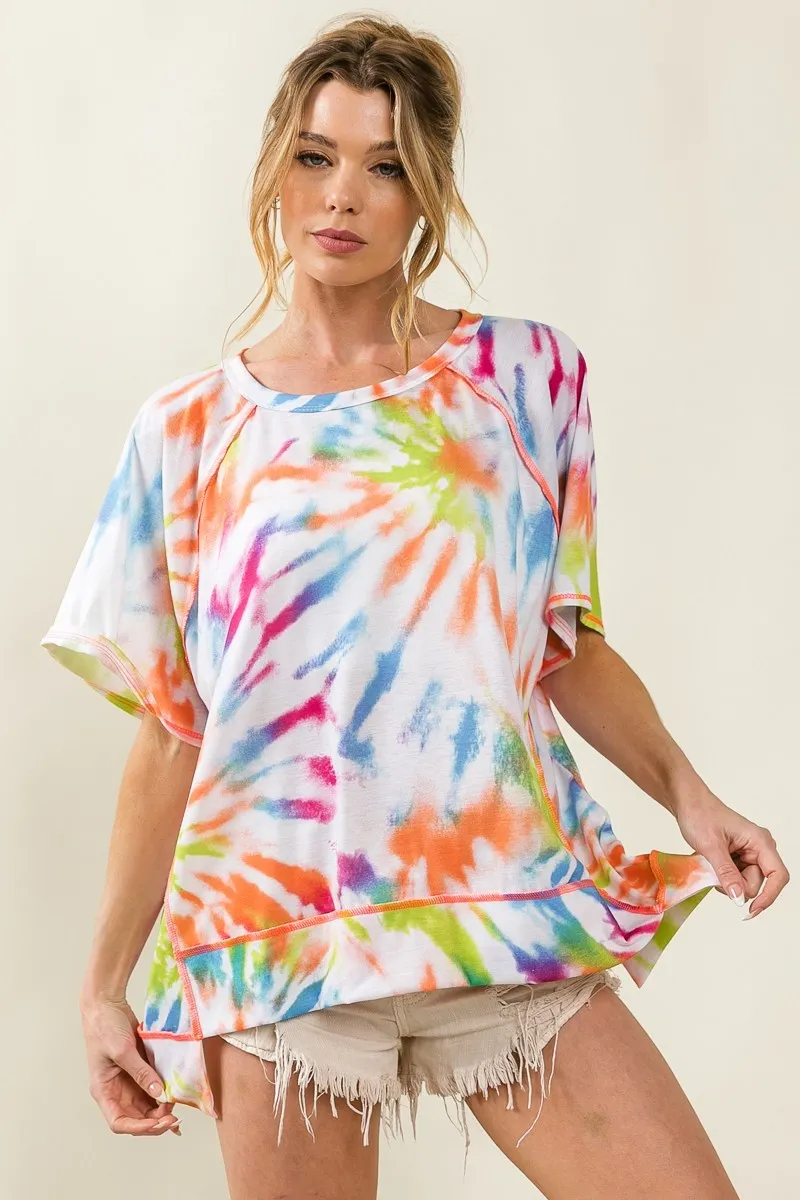 BiBi Tie Dye Print Jersey Stitched Uneven Hem Top - Image 2