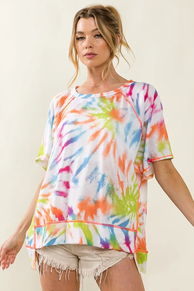 BiBi Tie Dye Print Jersey Stitched Uneven Hem Top - Image 8