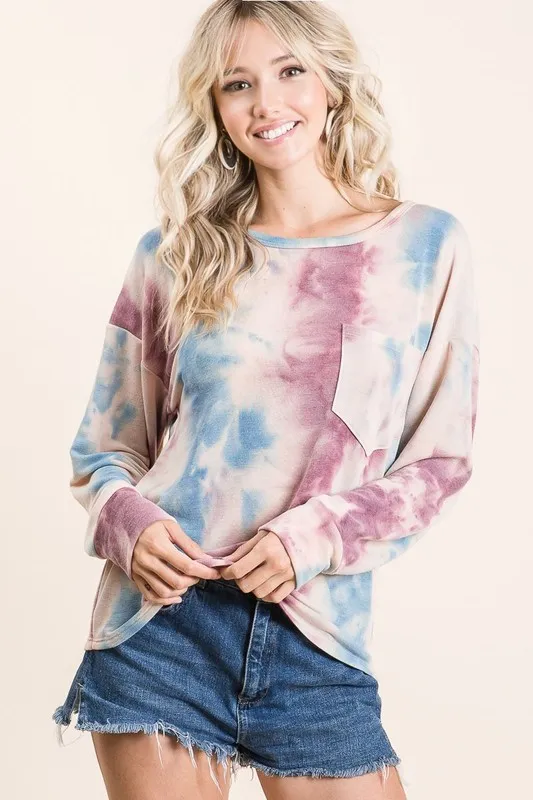 BiBi Tie Dye Print Terry Top With Front Patch Pocket - Image 2