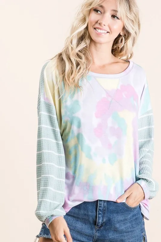 BiBi Tie Dye Terry Top with Wide Stripe Thermal Waffle - Image 5