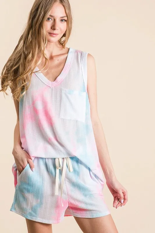 BiBi Tie Dye Textured Knit Top and Shorts Set - Image 3