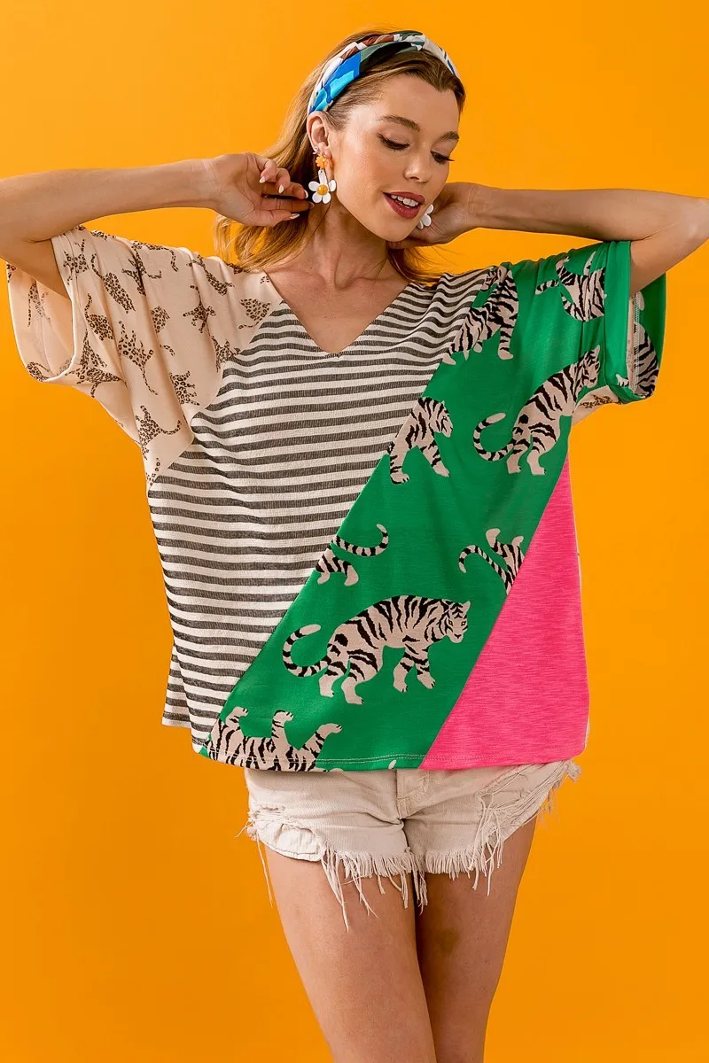 BiBi Tiger W Stripe Contrast Color Block V Neck Top - Image 3