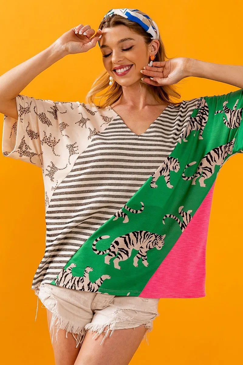 BiBi Tiger W Stripe Contrast Color Block V Neck Top - Image 4