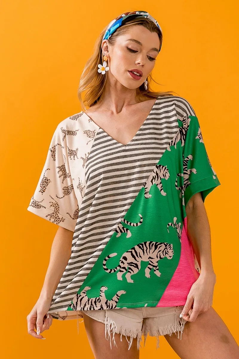 BiBi Tiger W Stripe Contrast Color Block V Neck Top - Image 7