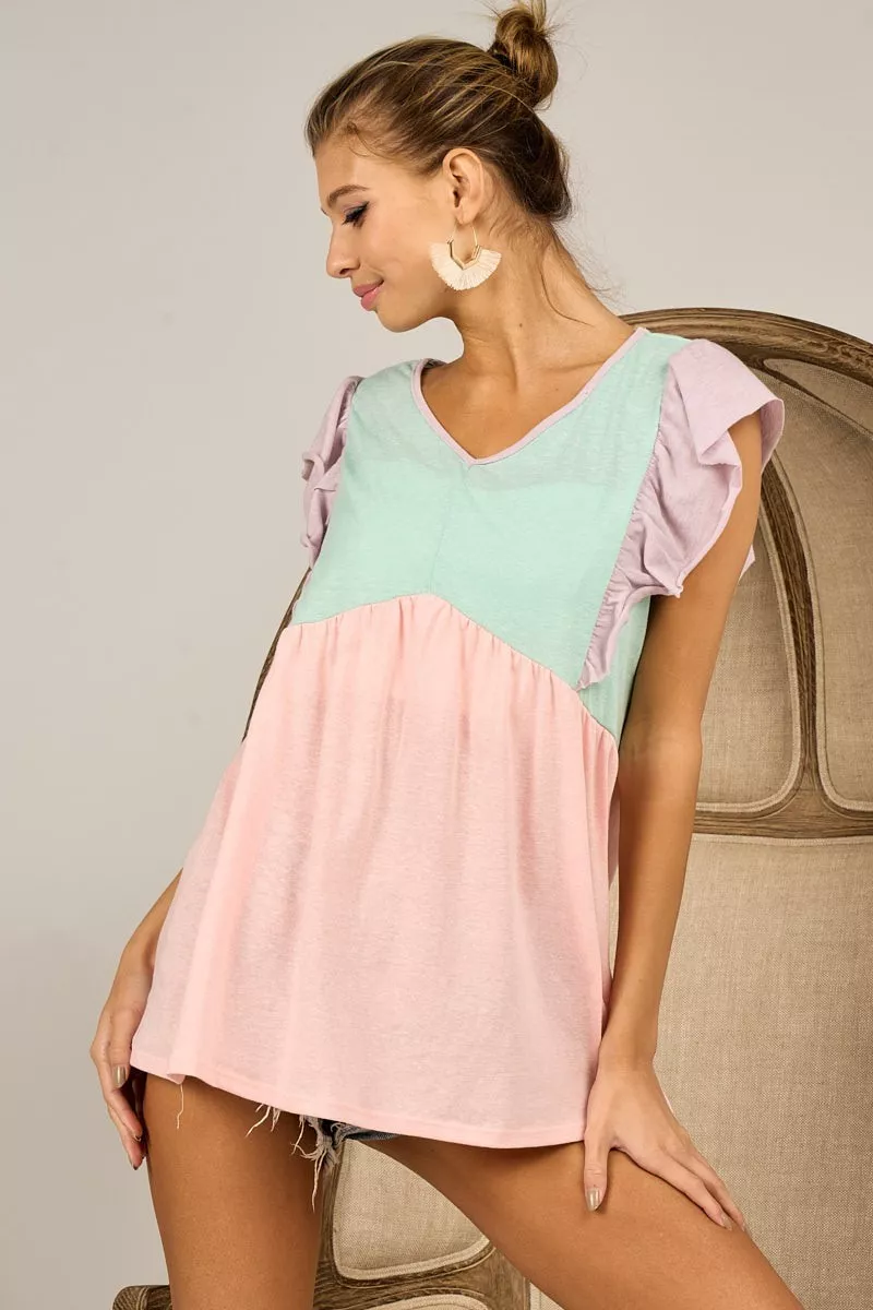 BiBi Triblend Color Block Ruffled Sleeve Babydoll Top - Image 20