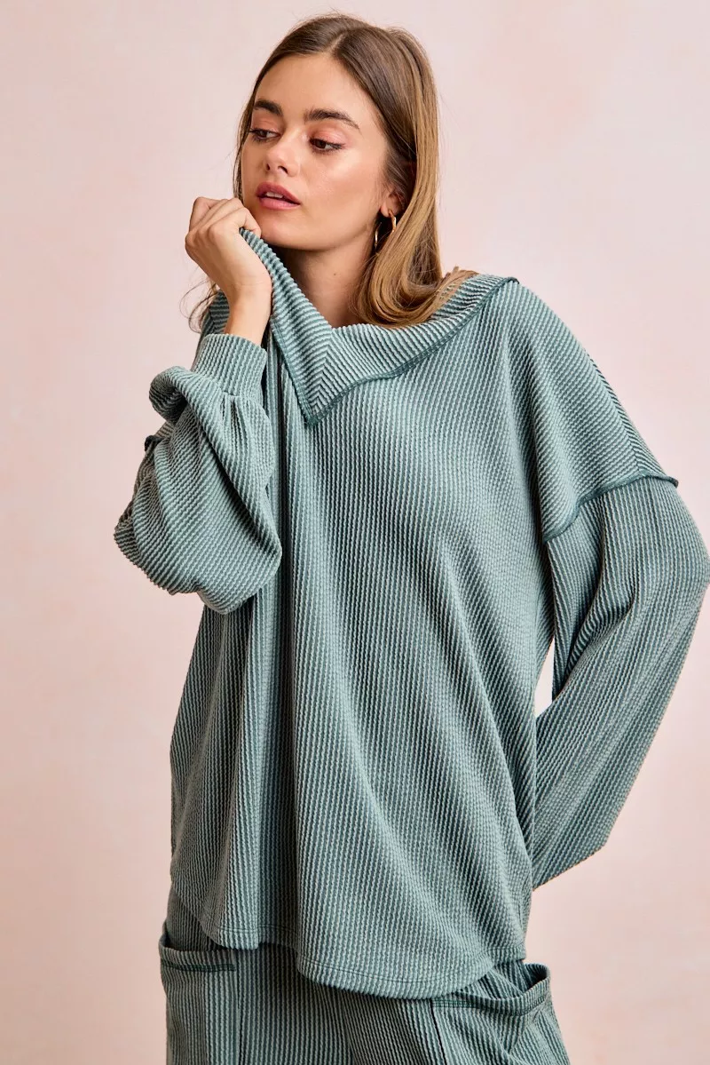 BiBi Two Tone Cord Rib Contrast Stitching V-Neck Top and Pants Set - Image 9