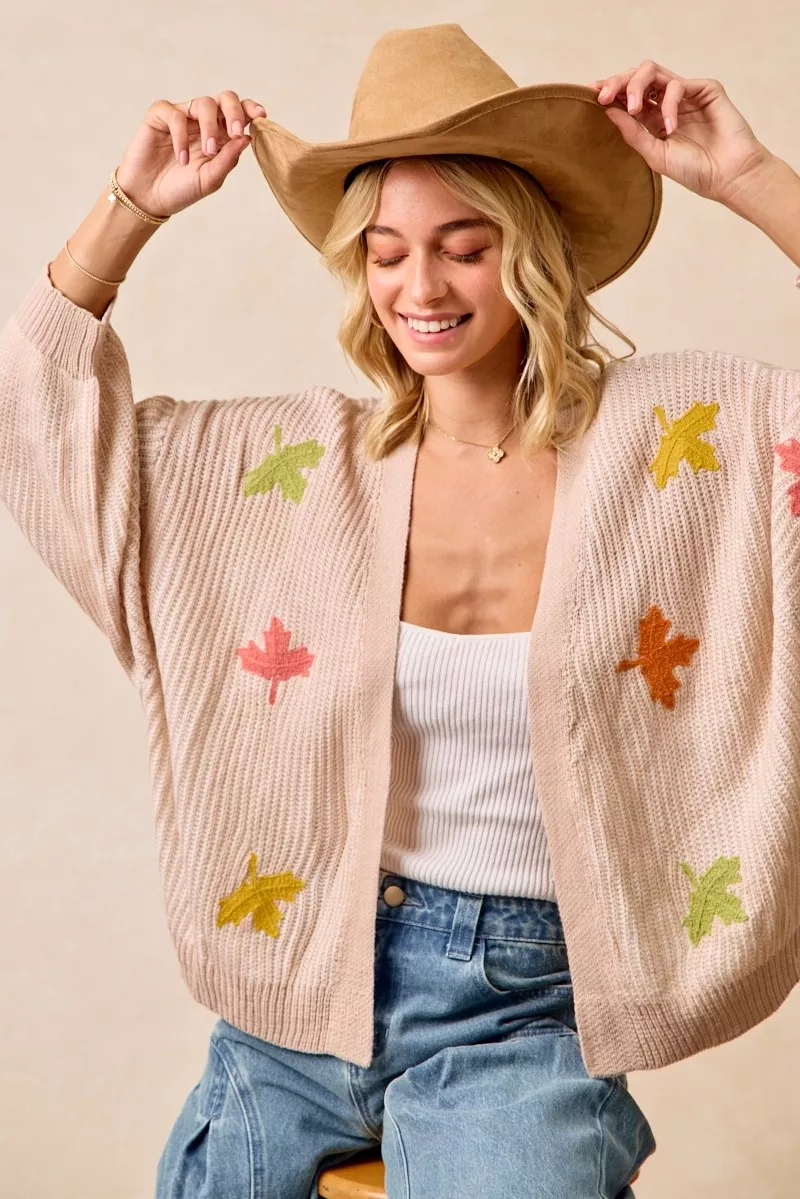 BiBi Two Tone Knit Cardigan with Leaf Patches - Image 6