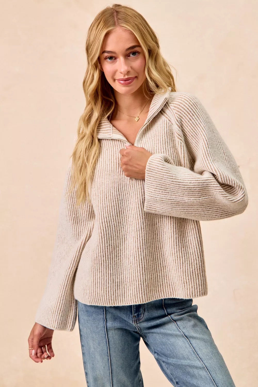 BiBi Two Tone Rib Texured Knit Collared Top with Zip Up - Image 6