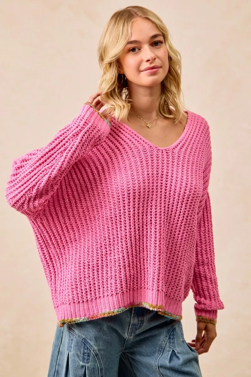 BiBi V-Neck Sweater with Colorful Trim - Image 7