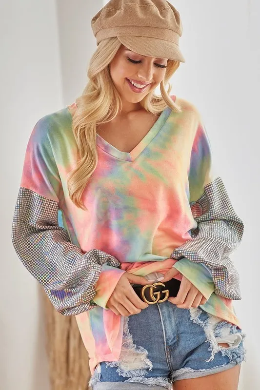 BiBi V Neck Tie Dye French Terry Top with Shiny - Image 16