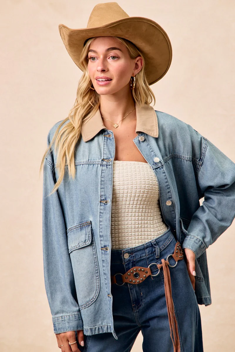 BiBi Washed Denim Jacket with Contrast Collar Detail - Image 15