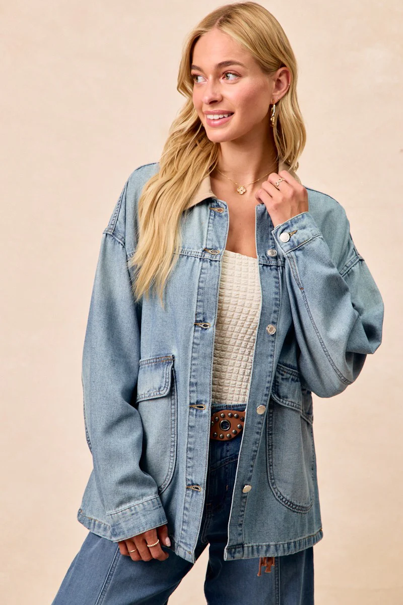 BiBi Washed Denim Jacket with Contrast Collar Detail - Image 17