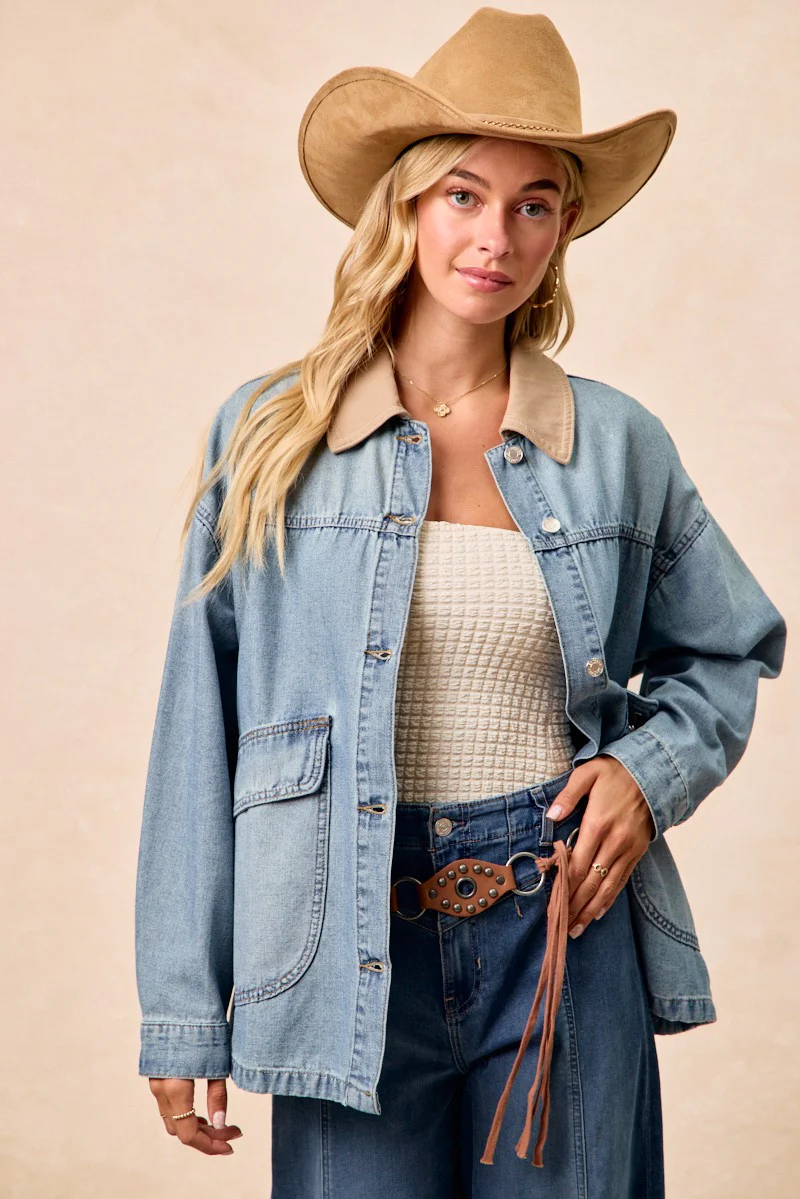 BiBi Washed Denim Jacket with Contrast Collar Detail - Image 5