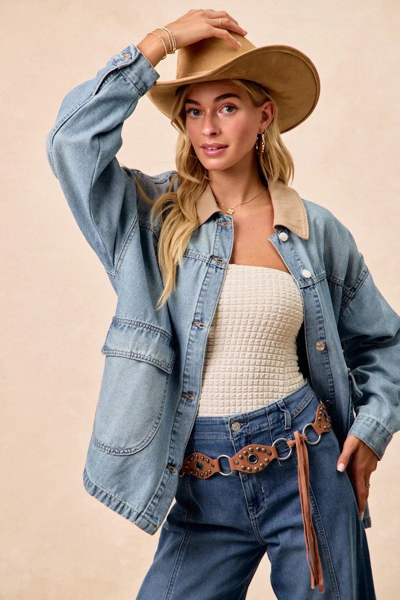 BiBi Washed Denim Jacket with Contrast Collar Detail - Image 9