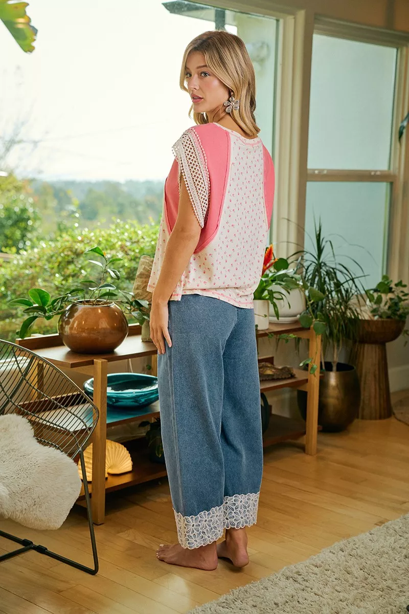 BiBi Washed Denim Waist Flower Lace Trim Pants - Image 10