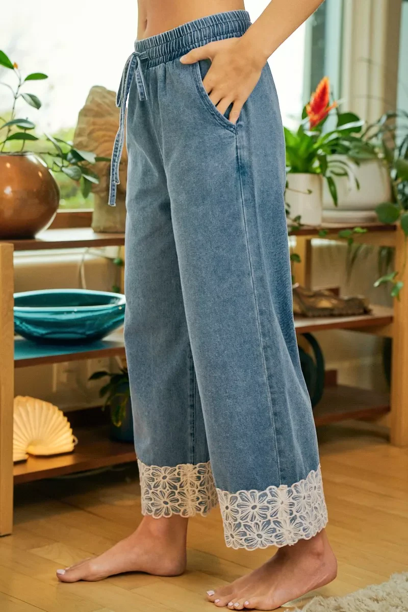 BiBi Washed Denim Waist Flower Lace Trim Pants - Image 5