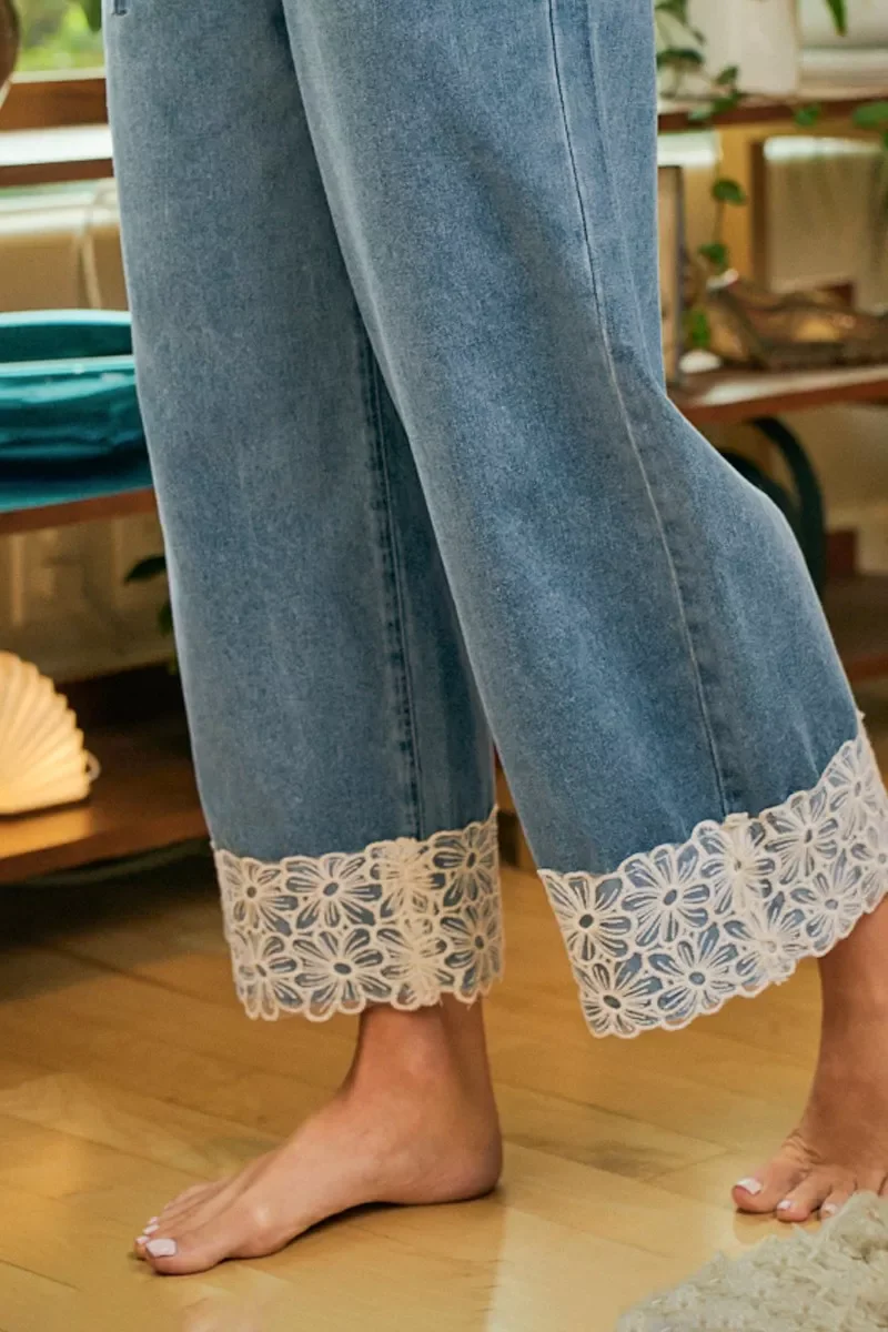 BiBi Washed Denim Waist Flower Lace Trim Pants - Image 6