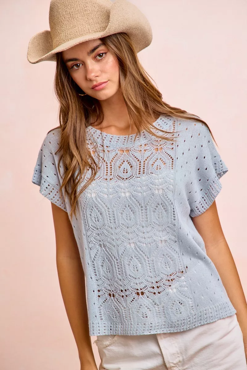 BiBi Washed Eyelet Short Sleeve Breathable Knit Top - Image 9