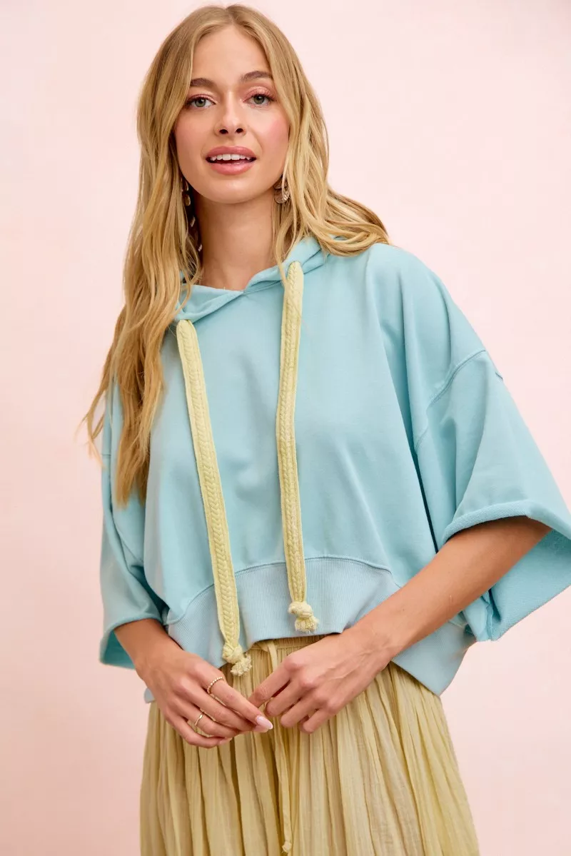 BiBi Washed Terry Short Sleeve Drawstring Hoodie Top - Image 12