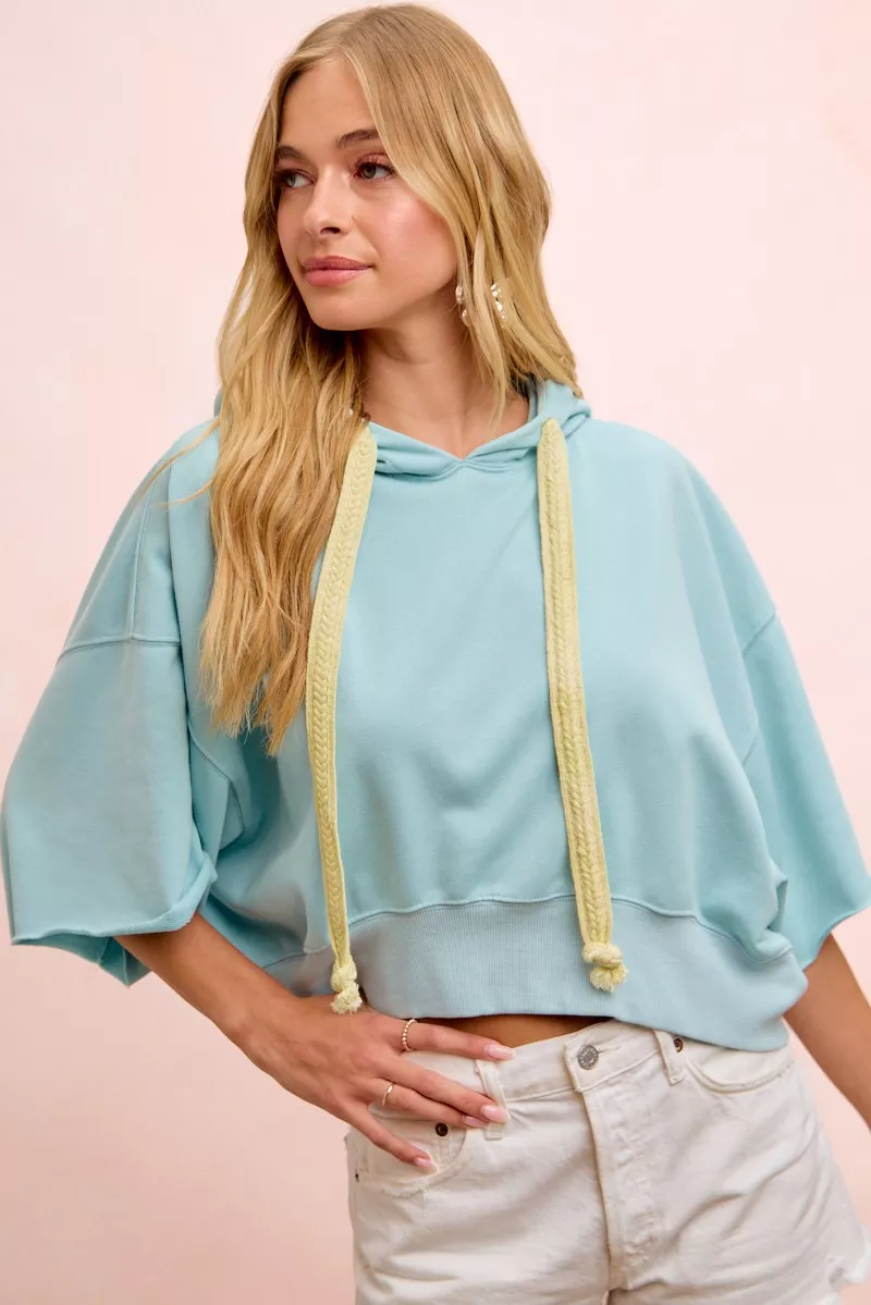 BiBi Washed Terry Short Sleeve Drawstring Hoodie Top - Image 13