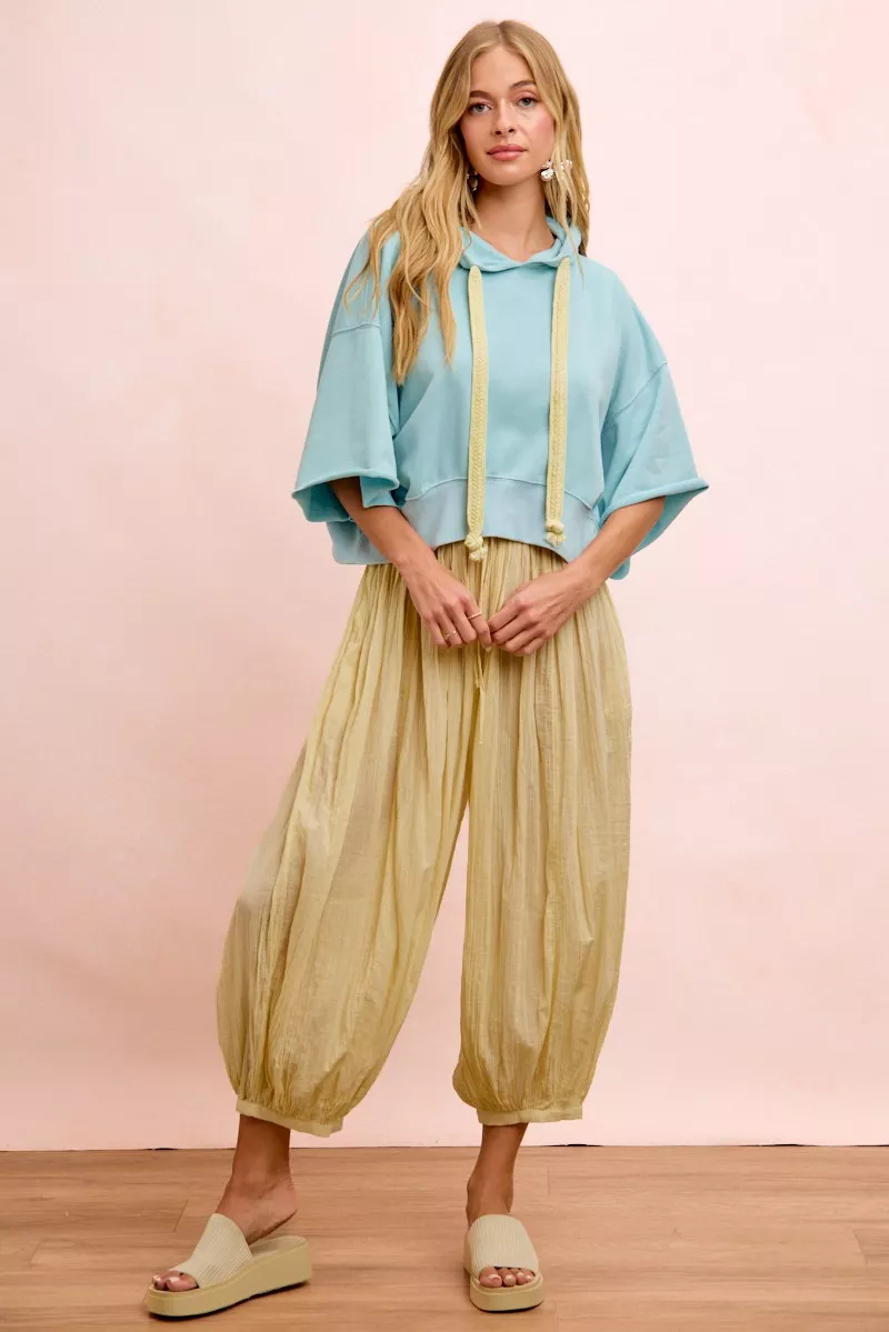 BiBi Washed Terry Short Sleeve Drawstring Hoodie Top - Image 22