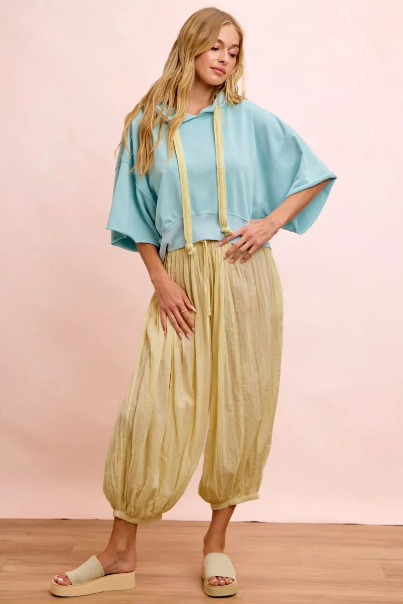 BiBi Washed Terry Short Sleeve Drawstring Hoodie Top - Image 23