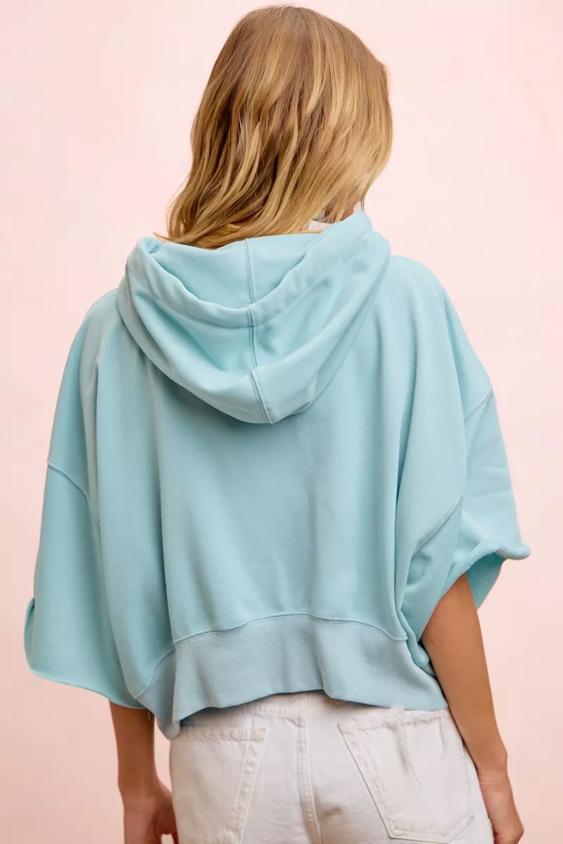 BiBi Washed Terry Short Sleeve Drawstring Hoodie Top - Image 3